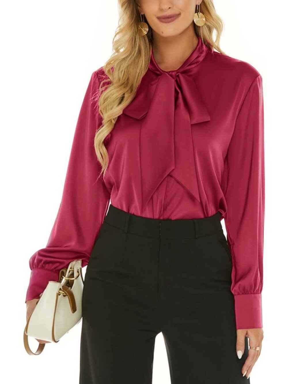 Chic Satin Blouse with Bow Tie Neck, Long Sleeve Button Down Top for Women